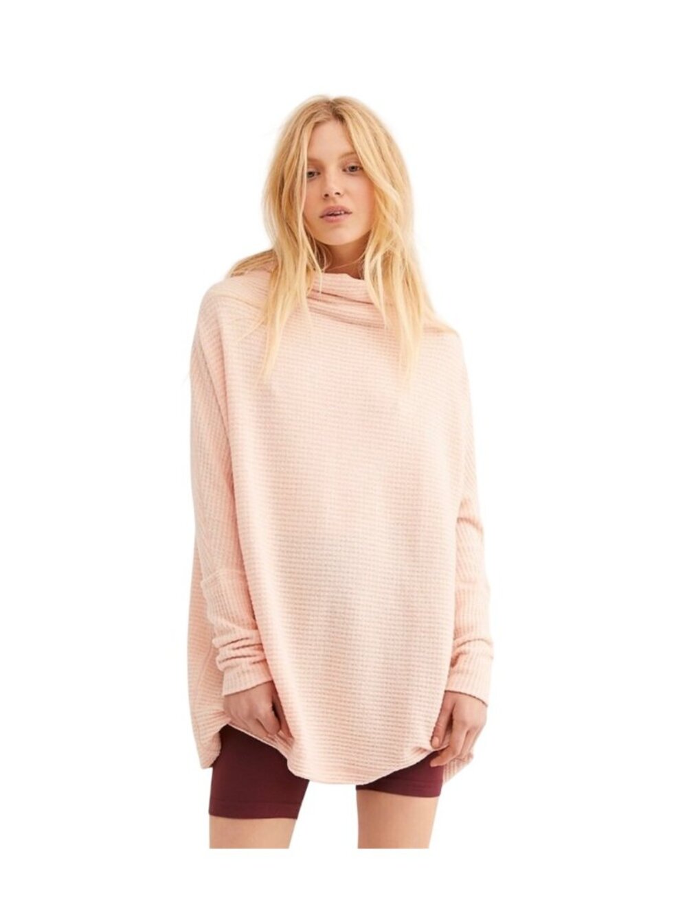 We The Free Kitty Thermal Waffle Knit Cowl Neck Tunic Pink Sz XL Slouchy Lounge